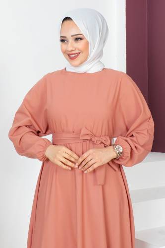 Beli Kuşaklı Elbise TSD230611 Somon - Tesettür Dünyası (1)