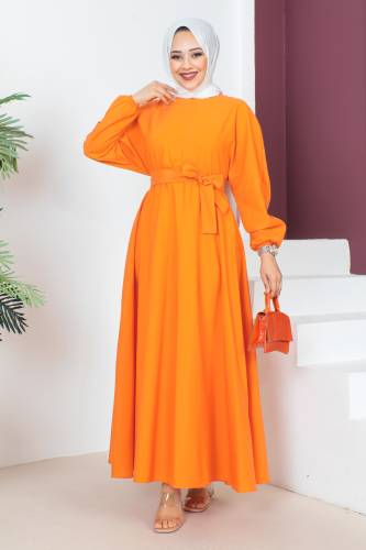 Beli Kuşaklı Elbise TSD230611 Turuncu 