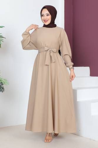 Beli Kuşaklı Elbise TSD230611 Vizon 