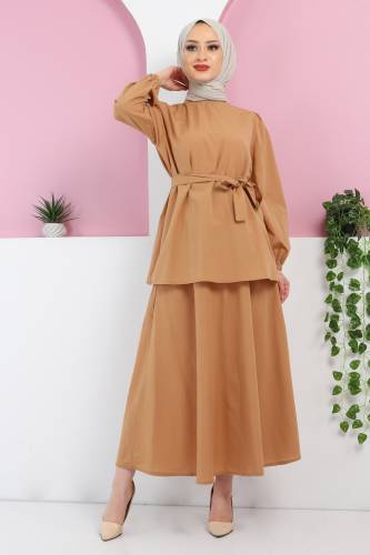 Beli Kuşaklı Etekli Takım TSD220410 Camel - 3