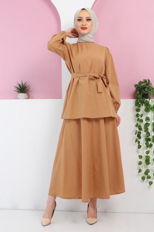 Beli Kuşaklı Etekli Takım TSD220410 Camel - 3