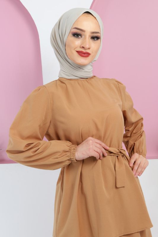 Beli Kuşaklı Etekli Takım TSD220410 Camel - 2