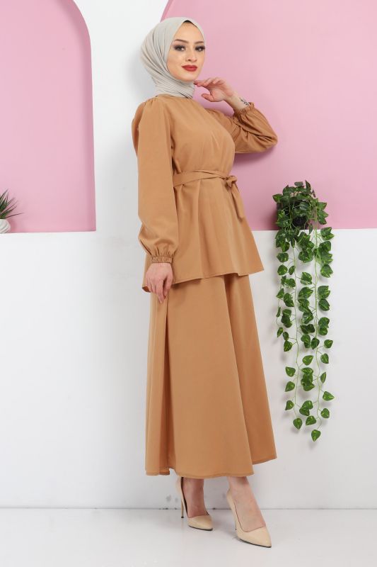 Beli Kuşaklı Etekli Takım TSD220410 Camel - 1
