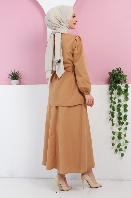 Beli Kuşaklı Etekli Takım TSD220410 Camel - 4