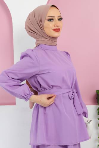 Beli Kuşaklı Etekli Takım TSD220410 Lila - Tesettür Dünyası (1)