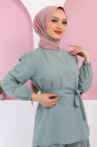 Beli Kuşaklı Etekli Takım TSD220410 Mint Yeşili - Tesettür Dünyası (1)