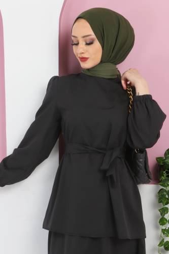 Beli Kuşaklı Etekli Takım TSD220410 Siyah - 3