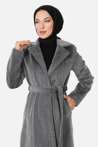 Beli Kuşaklı Fox Kaban TSD230917 Antrasit - Tesettür Dünyası (1)