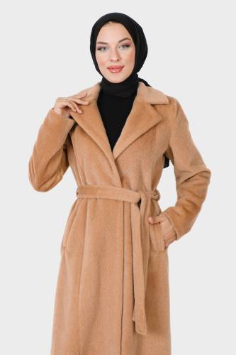 Beli Kuşaklı Fox Kaban TSD230917 Camel - Tesettür Dünyası (1)