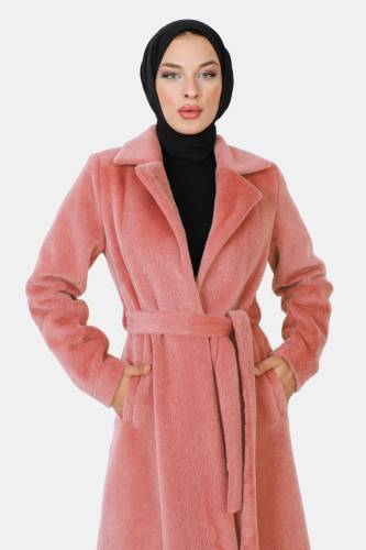 Beli Kuşaklı Fox Kaban TSD230917 Pembe - Tesettür Dünyası (1)