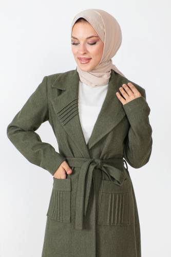 Beli Kuşaklı Kaşe Kaban TSD230804 Haki - Tesettür Dünyası (1)