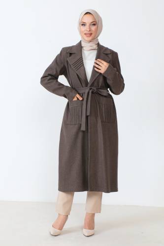 Beli Kuşaklı Kaşe Kaban TSD230804 Kahverengi 