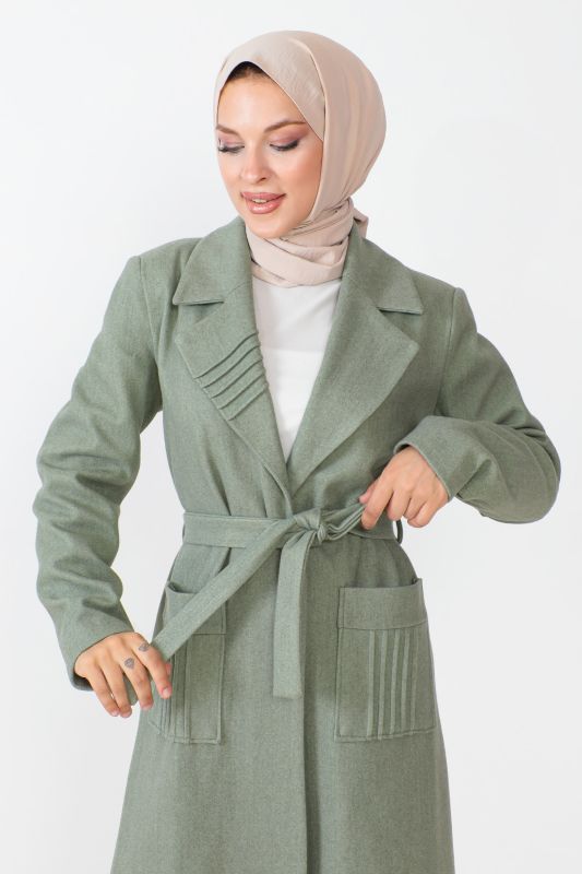 Beli Kuşaklı Kaşe Kaban TSD230804 Mint Yeşili - 2