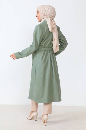 Beli Kuşaklı Kaşe Kaban TSD230804 Mint Yeşili - 5