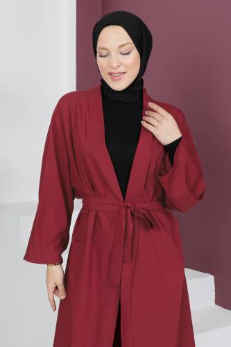 Beli Kuşaklı Kimono TSD230511 Bordo - Tesettür Dünyası (1)