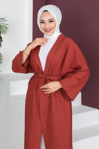 Beli Kuşaklı Kimono TSD230511 Kiremit - Tesettür Dünyası (1)