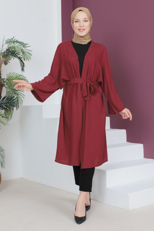 Beli Kuşaklı Kimono TSD230513 Bordo - Tesettür Dünyası