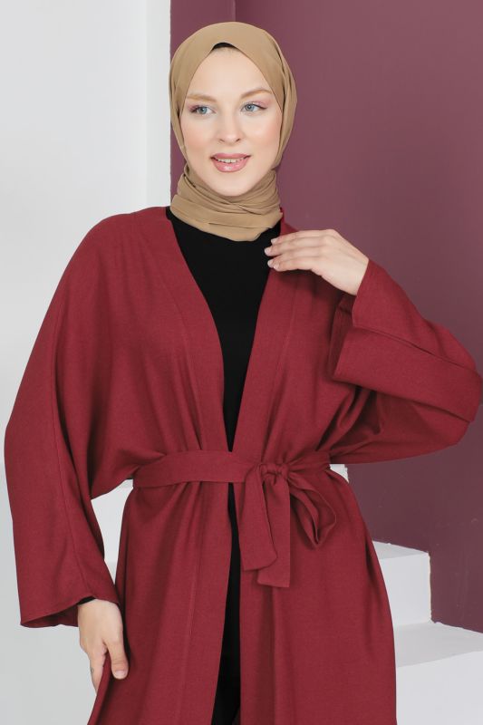 Beli Kuşaklı Kimono TSD230513 Bordo - Tesettür Dünyası (1)