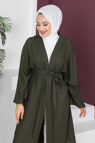 Beli Kuşaklı Kimono TSD230513 Haki - Tesettür Dünyası (1)