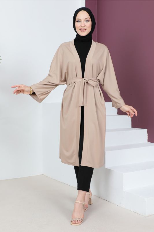 Beli Kuşaklı Kimono TSD230616 Bej - Tesettür Dünyası