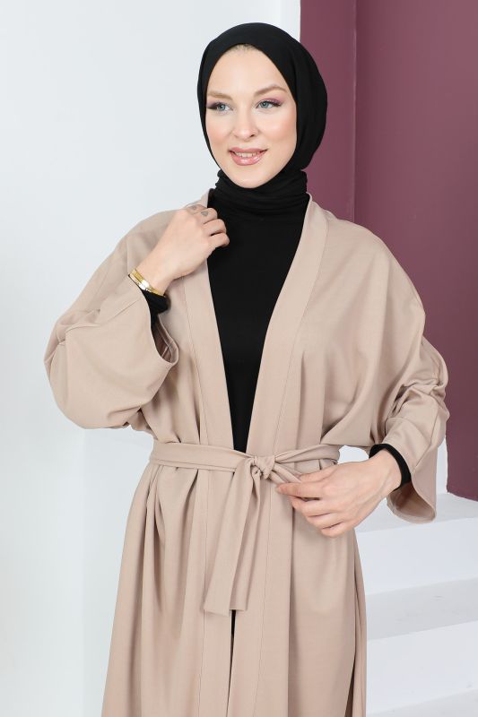 Beli Kuşaklı Kimono TSD230616 Bej - Tesettür Dünyası (1)