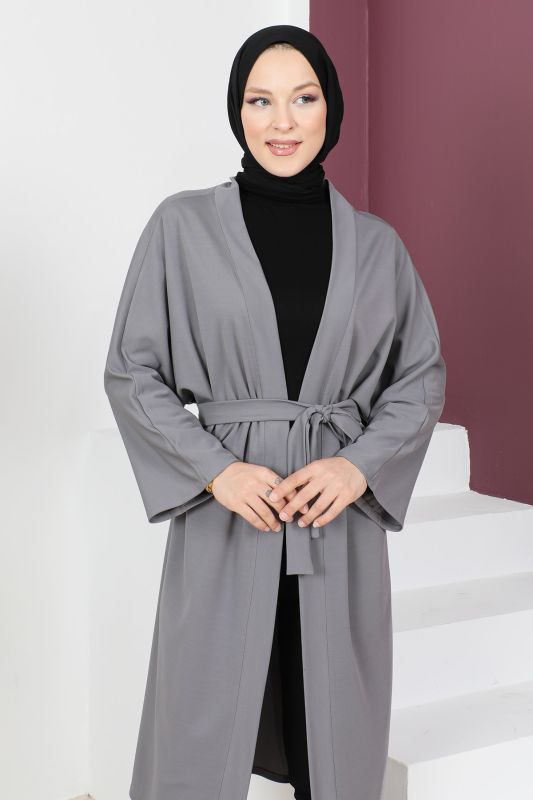 Beli Kuşaklı Kimono TSD230617 Gri - Tesettür Dünyası (1)