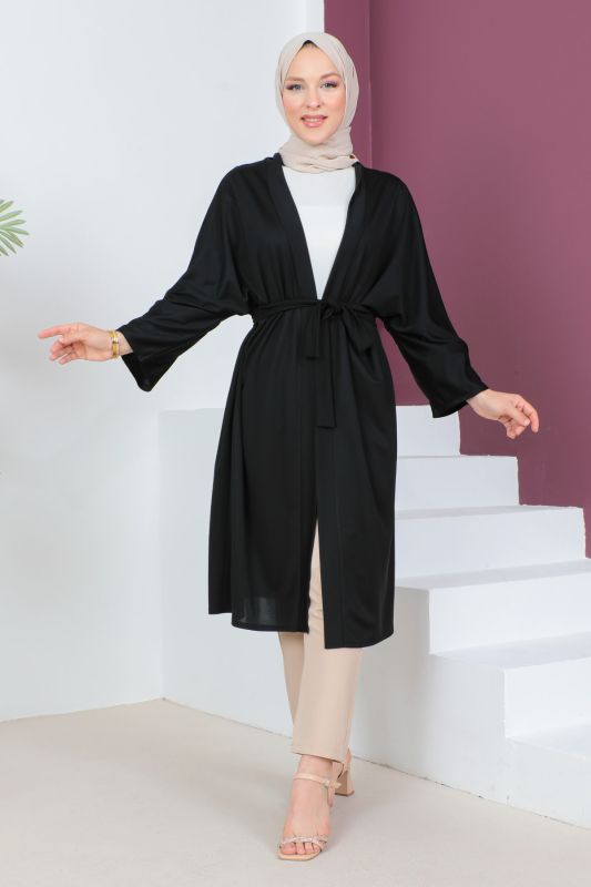 Beli Kuşaklı Kimono TSD230617 Siyah - Tesettür Dünyası