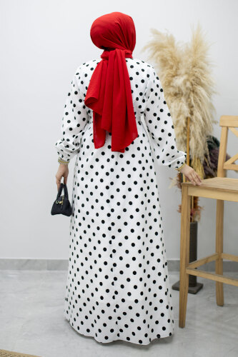 Beli Kuşaklı Puantiyeli Elbise TSD260206 Beyaz - 7