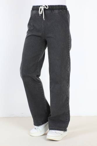 Beli Lastikli Bol Paça Kot Pantolon TSD22045 Antrasit - Tesettür Dünyası (1)