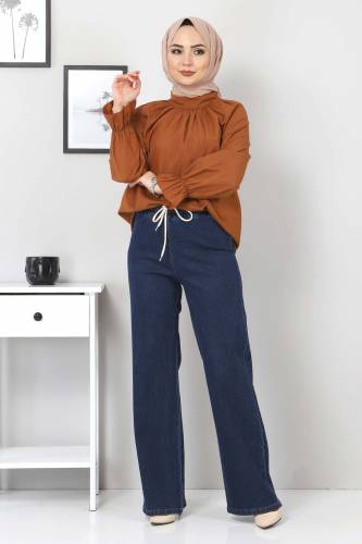 Beli Lastikli Bol Paça Kot Pantolon TSD22045 Koyu Mavi 