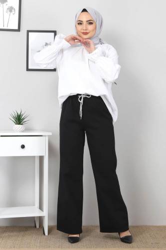 Beli Lastikli Bol Paça Kot Pantolon TSD22045 Siyah - Tesettür Dünyası (1)