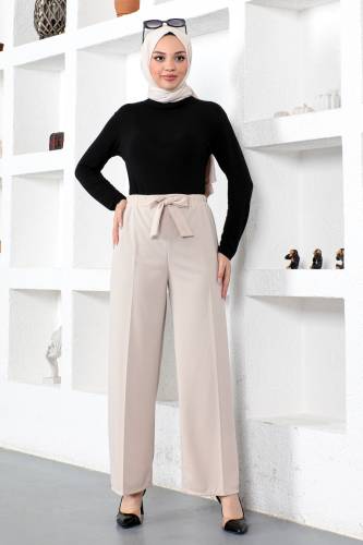 Beli Lastikli Bol Paça Pantolon TSD230109 Bej - Tesettür Dünyası (1)