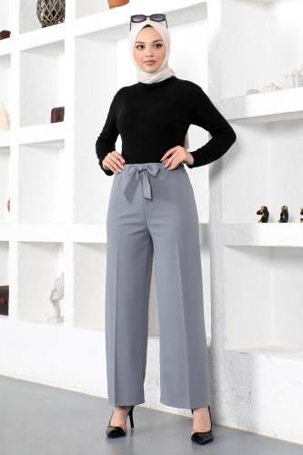 Beli Lastikli Bol Paça Pantolon TSD230109 Gri - Tesettür Dünyası (1)