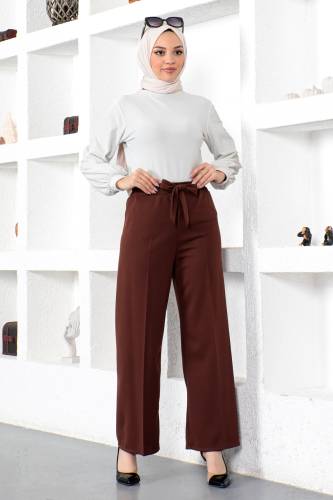 Beli Lastikli Bol Paça Pantolon TSD230109 Kahverengi - Tesettür Dünyası (1)
