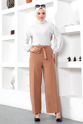 Beli Lastikli Bol Paça Pantolon TSD230109 Taba - Tesettür Dünyası (1)
