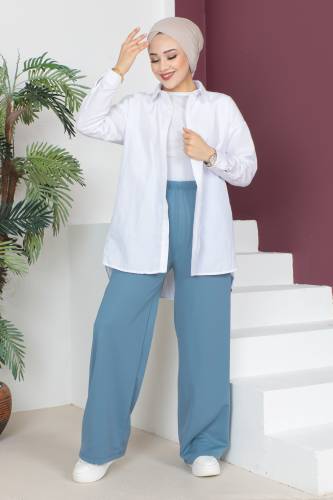Beli Lastikli Bol Paça Pantolon TSD230514 Mavi 
