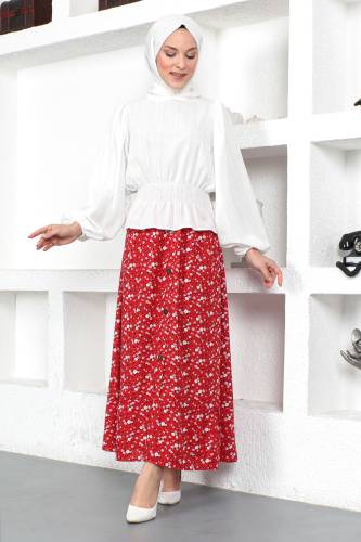 Beli lastikli Etek TSD230380 Kırmızı - Tesettür Dünyası (1)