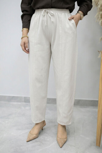 Beli Lastikli Havuç Pantolon TSD260155 Taş rengi 