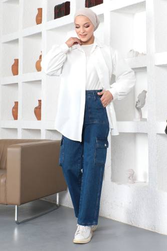 Beli Lastikli Kot Pantolon TSD230365 Koyu Mavi - Tesettür Dünyası (1)