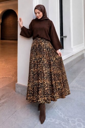 Beli Lastikli Leopar Desenli Etek TSD260362 - 3