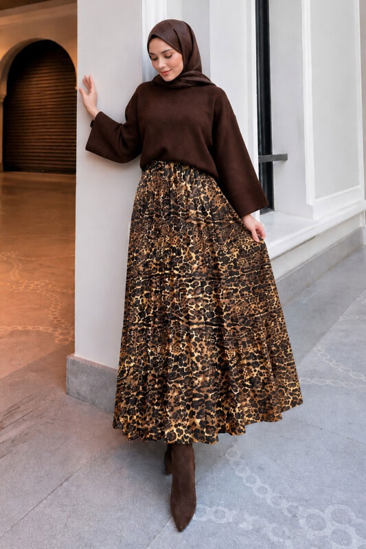 Beli Lastikli Leopar Desenli Etek TSD260362 - 3