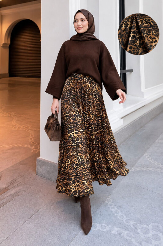 Beli Lastikli Leopar Desenli Etek TSD260362 - 5