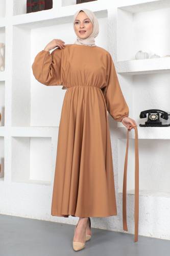 Beli Lastikli Tesettür Elbise TSD230201 Camel - Tesettür Dünyası (1)