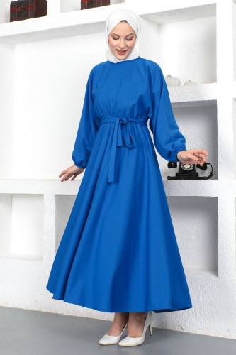 Beli Lastikli Tesettür Elbise TSD230201 Saks Mavisi 