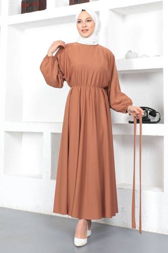 Beli Lastikli Tesettür Elbise TSD230201 Tarçın - Tesettür Dünyası (1)
