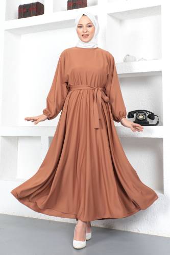 Beli Lastikli Tesettür Elbise TSD230201 Tarçın 