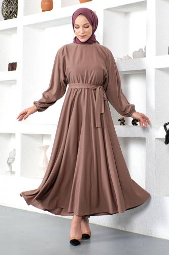Beli Lastikli Tesettür Elbise TSD230201 Vizon 