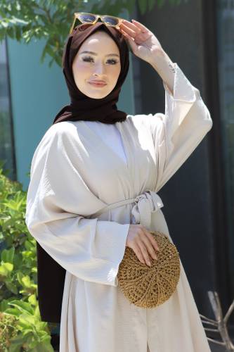 Beli Kuşaklı Kimono TSD220521 Bej - Tesettür Dünyası (1)