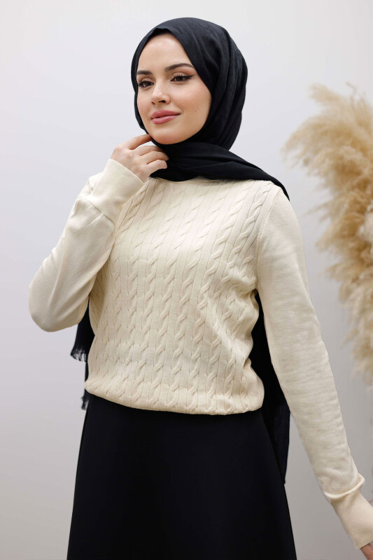 Bisiklet Yaka Bluz TSD250261 Bej - TESETTÜR DÜNYASI