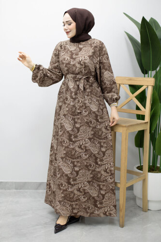 Bisiklet Yaka Şal Desenli Elbise TSD260208 Kahverengi - TESETTÜR DÜNYASI
